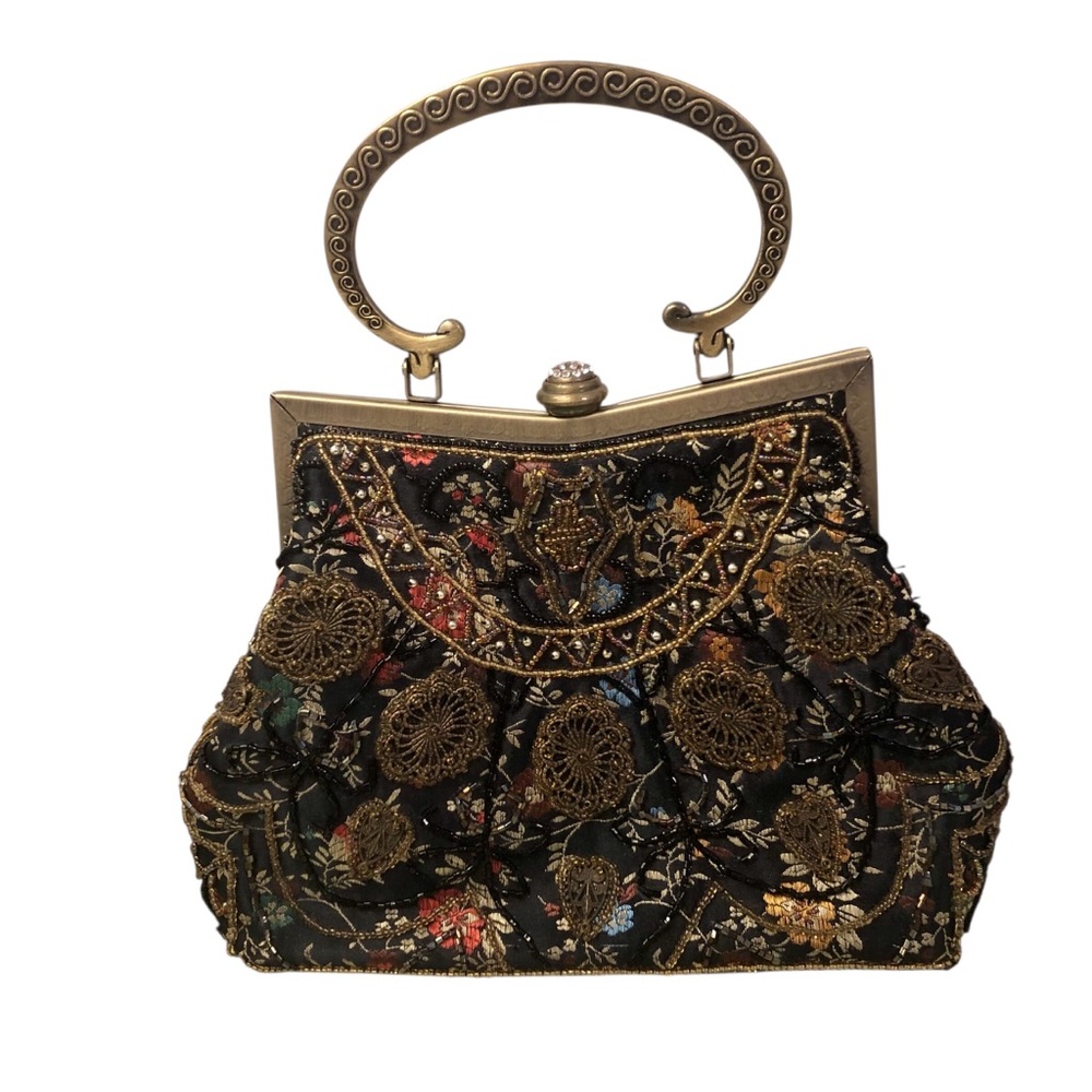 Vintage-Inspired Black Embroidered & Beaded Evening Bag w/ Handle & Chain Strap